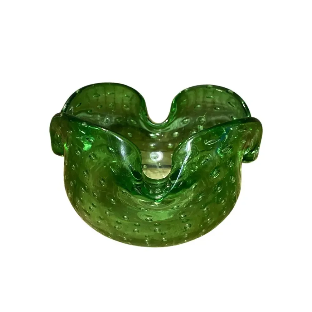 Vintage Italian Bullicante Art Glass Ashtray Murano Style Green Bowl 4.125